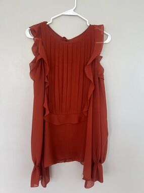 Max Studio Rust Ruffle, Cut out shoulder, Long Sleeve Pleated Chiffon Top
